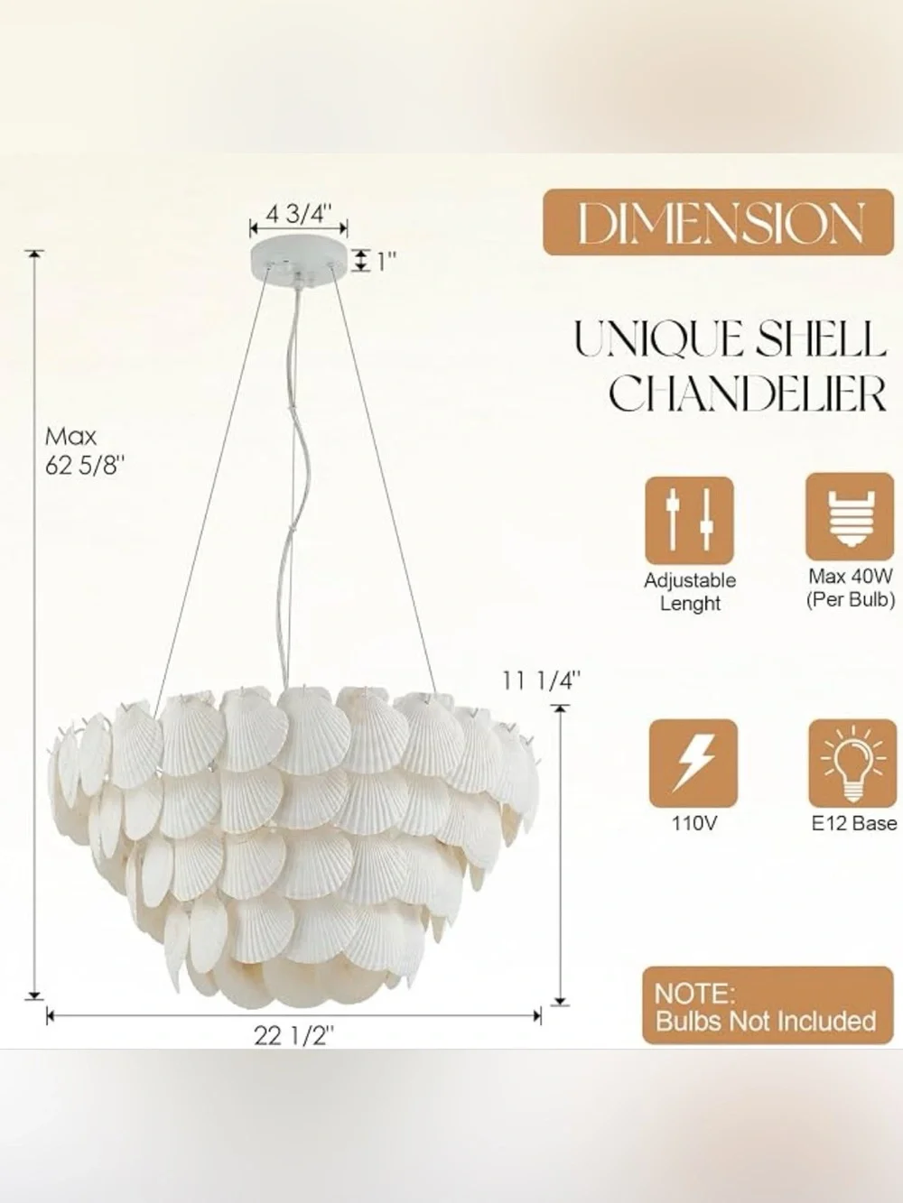 22.5” Natural Capiz Shell Chandelier 7-Light Coastal White Pendant Ceiling Light